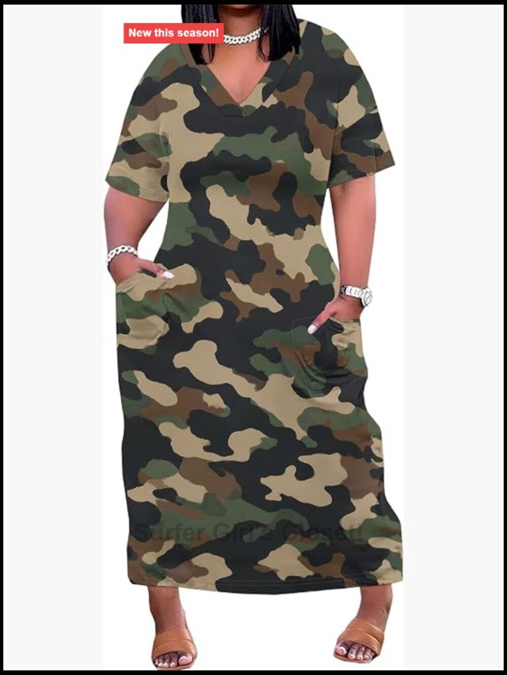 Plus Size Maxi Dress Short Sleeve V-Neck Loose Sundress with Pockets,